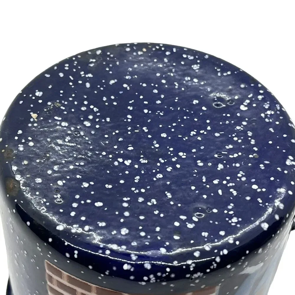 Coffee Mug Blue Speckled Enamel Graniteware Man BBQ Cooking Brick Oven Decor